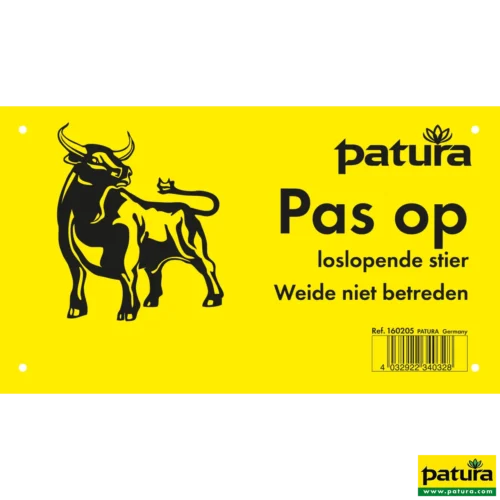 Waarschuwingsbord, kunststof NL Pas Op - loslopende stier